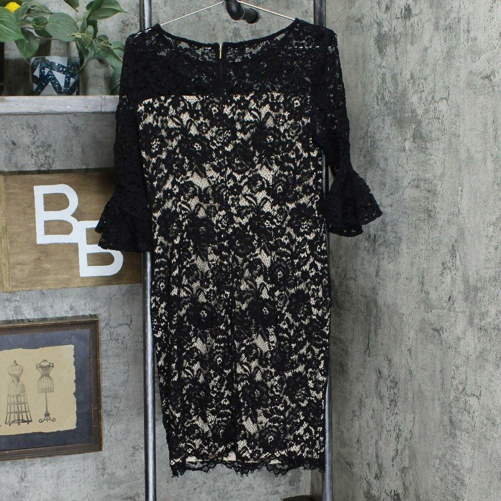 DKNY Women's Lace Bell Sleeve Sheath Dress Black 8 - Picture 2 of 6